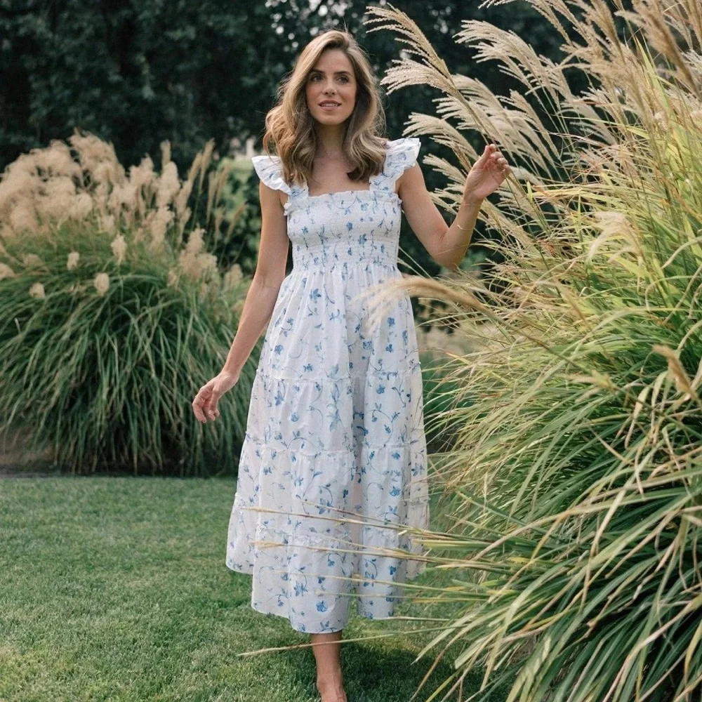 Hill House White Ellie Nap Dress Blue Botanica Smock Floral grad bump friendly - Picture 1 of 16